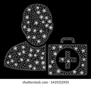 Bright mesh doctor with lightspot effect. Abstract illuminated model of doctor icon. Shiny wire frame triangular network doctor. Vector abstraction on a black background.