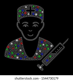 Bright mesh doctor with lightspot effect. White wire carcass polygonal mesh in vector format on a black background. Abstract 2d mesh designed with polygonal grid, small circle, colored flash spots.