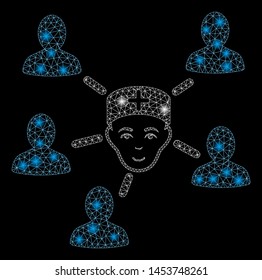 Bright mesh doctor linked patients with lightspot effect. Abstract illuminated model of doctor linked patients icon. Shiny wire carcass triangular mesh doctor linked patients.