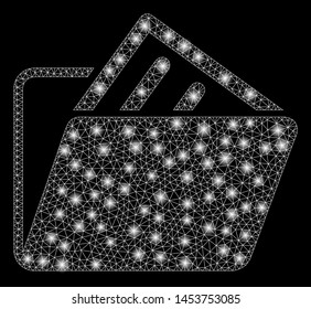 Bright mesh document folder with glare effect. Abstract illuminated model of document folder icon. Shiny wire carcass triangular mesh document folder. Vector abstraction on a black background.