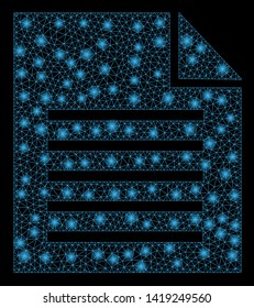 Bright mesh document with glare effect. Abstract illuminated model of document icon. Shiny wire carcass triangular mesh document. Vector abstraction on a black background.