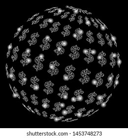 Bright mesh dollar abstract sphere with glare effect. Abstract illuminated model of dollar abstract sphere icon. Shiny wire frame polygonal mesh dollar abstract sphere.