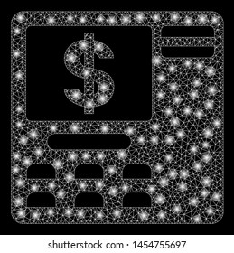 Bright mesh dollar ATM with glare effect. Abstract illuminated model of dollar ATM icon. Shiny wire frame triangular mesh dollar ATM. Vector abstraction on a black background.