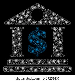 Bright mesh dollar bank with glare effect. Abstract illuminated model of dollar bank icon. Shiny wire carcass polygonal mesh dollar bank. Vector abstraction on a black background.