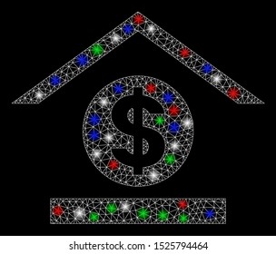 Bright mesh dollar bank with lightspot effect. White wire carcass triangular mesh in vector format on a black background. Abstract 2d mesh designed with polygonal grid, dots, colored light spots.