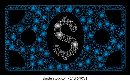 Bright mesh dollar banknote with glare effect. Abstract illuminated model of dollar banknote icon. Shiny wire carcass triangular network dollar banknote. Vector abstraction on a black background.