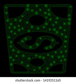 Bright mesh dollar banknote with glare effect. Abstract illuminated model of dollar banknote icon. Shiny wire frame polygonal mesh dollar banknote. Vector abstraction on a black background.