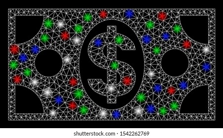 Bright mesh dollar banknote with glow effect. White wire frame polygonal mesh in vector format on a black background. Abstract 2d mesh designed with triangles, dots, colored flare spots.