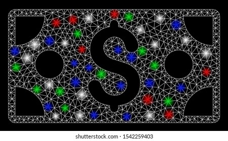 Bright mesh dollar banknote with lightspot effect. White wire carcass polygonal mesh in vector format on a black background. Abstract 2d mesh built from polygonal grid, points, colored flash spots.