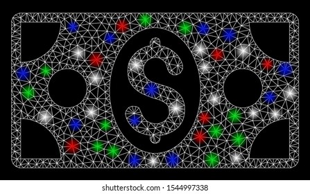 Bright mesh dollar banknote with lightspot effect. White wire frame polygonal mesh in vector format on a black background. Abstract 2d mesh designed with triangles, points, colorful flash spots.