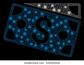 Bright mesh dollar banknotes with glare effect. Abstract illuminated model of dollar banknotes icon. Shiny wire carcass polygonal mesh dollar banknotes. Vector abstraction on a black background.
