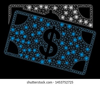 Bright mesh dollar banknotes with glare effect. Abstract illuminated model of dollar banknotes icon. Shiny wire frame triangular mesh dollar banknotes. Vector abstraction on a black background.