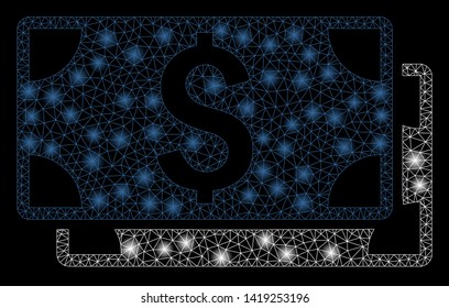 Bright mesh dollar banknotes with glow effect. Abstract illuminated model of dollar banknotes icon. Shiny wire carcass triangular mesh dollar banknotes. Vector abstraction on a black background.