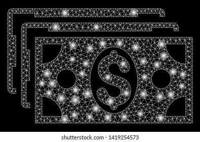 Bright mesh dollar banknotes with glow effect. Abstract illuminated model of dollar banknotes icon. Shiny wire frame triangular mesh dollar banknotes. Vector abstraction on a black background.