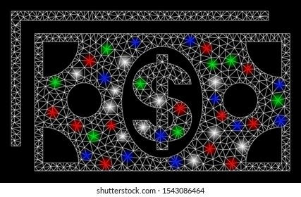 Bright mesh dollar banknotes with glow effect. White wire carcass polygonal mesh in vector format on a black background. Abstract 2d mesh created from polygonal grid, round dots, colorful glare spots.