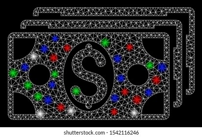 Bright mesh dollar banknotes with lightspot effect. White wire carcass polygonal mesh in vector format on a black background. Abstract 2d mesh designed with polygonal grid, round dots,