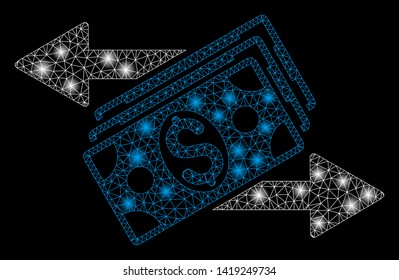 Bright mesh dollar banknotes payments with glare effect. Abstract illuminated model of dollar banknotes payments icon. Shiny wire frame polygonal mesh dollar banknotes payments.