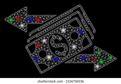 Bright mesh dollar banknotes payments with glow effect. White wire carcass triangular mesh in vector format on a black background. Abstract 2d mesh designed with polygonal grid, round dots,