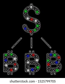 Bright mesh dollar Bitcoin links with glare effect. White wire carcass polygonal mesh in vector format on a black background. Abstract 2d mesh designed with triangles, round dots, colored glare spots.