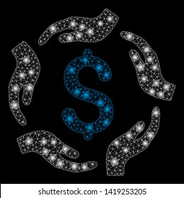 Bright mesh dollar care hands with lightspot effect. Abstract illuminated model of dollar care hands icon. Shiny wire carcass triangular mesh dollar care hands.