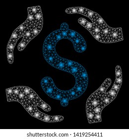 Bright mesh dollar care hands with glare effect. Abstract illuminated model of dollar care hands icon. Shiny wire carcass polygonal mesh dollar care hands. Vector abstraction on a black background.