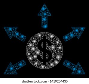Bright mesh dollar cashout arrows with glare effect. Abstract illuminated model of dollar cashout arrows icon. Shiny wire carcass triangular mesh dollar cashout arrows.