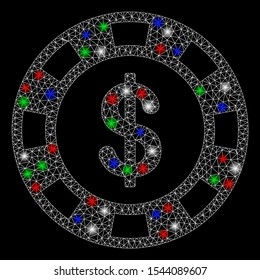 Bright mesh dollar casino chip with glow effect. White wire carcass triangular network in vector format on a black background. Abstract 2d mesh designed with triangular lines, spheric points,