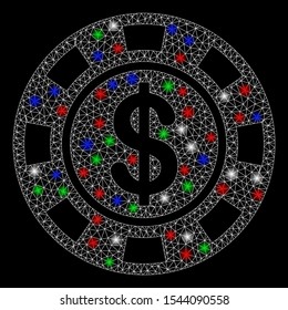 Bright mesh dollar casino chip with glare effect. White wire frame polygonal mesh in vector format on a black background. Abstract 2d mesh designed with triangles, spheric points,