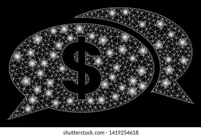 Bright mesh dollar chat with glare effect. Abstract illuminated model of dollar chat icon. Shiny wire carcass polygonal mesh dollar chat. Vector abstraction on a black background.