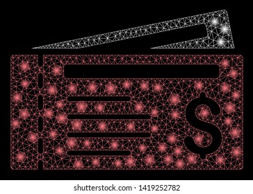 Bright mesh dollar cheques with lightspot effect. Abstract illuminated model of dollar cheques icon. Shiny wire frame polygonal mesh dollar cheques. Vector abstraction on a black background.