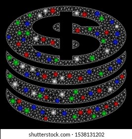 Bright mesh dollar coin column with glare effect. White wire carcass triangular mesh in vector format on a black background. Abstract 2d mesh designed with triangular lines, spheric points,