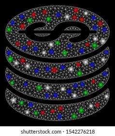 Bright mesh dollar coin column with glow effect. White wire frame polygonal mesh in vector format on a black background. Abstract 2d mesh built from polygonal grid, round dots, colorful flare spots.