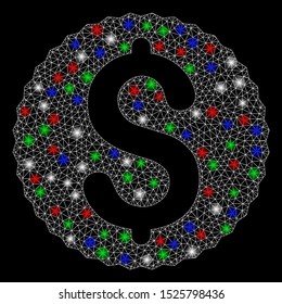 Bright mesh dollar coin with glare effect. White wire frame polygonal mesh in vector format on a black background. Abstract 2d mesh designed with polygonal grid, small circle, colored glare spots.