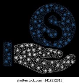 Bright mesh dollar coin payment hand with glare effect. Abstract illuminated model of dollar coin payment hand icon. Shiny wire frame polygonal mesh dollar coin payment hand.