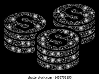 Bright mesh dollar coin stacks with glow effect. Abstract illuminated model of dollar coin stacks icon. Shiny wire carcass polygonal mesh dollar coin stacks. Vector abstraction on a black background.