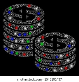 Bright mesh dollar coin stacks with glare effect. White wire frame triangular network in vector format on a black background. Abstract 2d mesh designed with triangular lines, dots,
