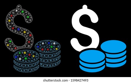 Bright mesh dollar coins icon with glitter effect. Abstract illuminated model of dollar coins. Shiny wire frame triangular mesh dollar coins icon. Vector abstraction on a black background.