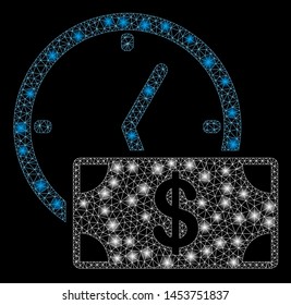 Bright mesh dollar credit with lightspot effect. Abstract illuminated model of dollar credit icon. Shiny wire carcass triangular mesh dollar credit. Vector abstraction on a black background.