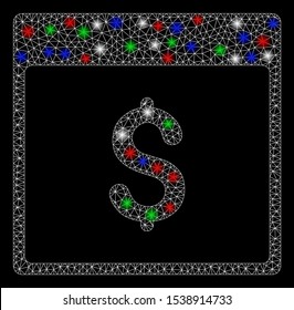 Bright mesh dollar currency calendar page with lightspot effect. White wire carcass triangular mesh in vector format on a black background. Abstract 2d mesh designed with triangles, dots,