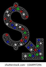 Bright mesh dollar decrease with glow effect. White wire carcass polygonal mesh in vector format on a black background. Abstract 2d mesh created from polygonal grid, round dots, colored flare spots.