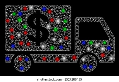 Bright mesh dollar delivery with lightspot effect. White wire carcass polygonal network in vector format on a black background. Abstract 2d mesh designed with polygonal grid, points,