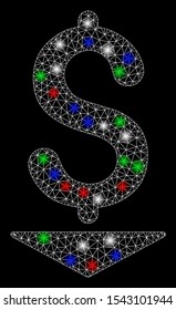Bright mesh dollar down with glare effect. White wire frame polygonal mesh in vector format on a black background. Abstract 2d mesh designed with polygonal grid, dots, colorful flash spots.