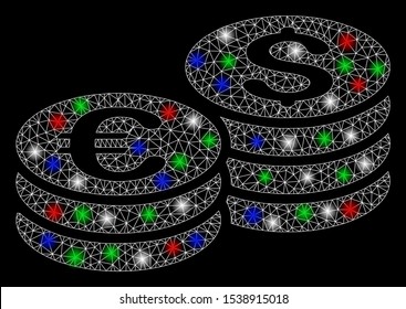 Bright mesh Dollar and Euro coin stacks with glare effect. White wire carcass triangular mesh in vector format on a black background. Abstract 2d mesh created from triangular lines, dots,
