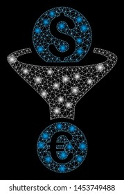 Bright mesh Dollar Euro conversion funnel with glow effect. Abstract illuminated model of Dollar Euro conversion funnel icon. Shiny wire carcass triangular mesh Dollar Euro conversion funnel.