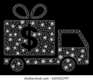 Bright mesh dollar gift delivery with glow effect. Abstract illuminated model of dollar gift delivery icon. Shiny wire carcass polygonal mesh dollar gift delivery.