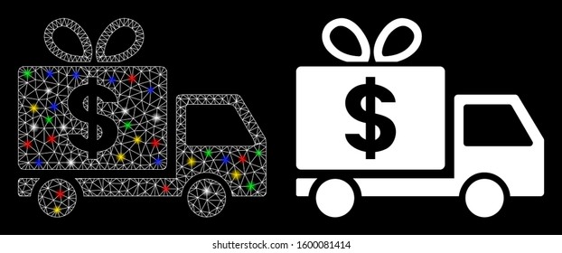 Bright mesh dollar gift delivery icon with sparkle effect. Abstract illuminated model of dollar gift delivery. Shiny wire frame polygonal network dollar gift delivery icon.