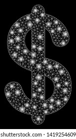 Bright mesh dollar with glare effect. Abstract illuminated model of dollar icon. Shiny wire carcass triangular mesh dollar. Vector abstraction on a black background.