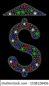 Bright mesh dollar up with glare effect. White wire carcass polygonal mesh in vector format on a black background. Abstract 2d mesh designed with polygonal grid, round dots, colorful flare spots.