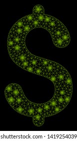 Bright mesh dollar with glow effect. Abstract illuminated model of dollar icon. Shiny wire carcass triangular mesh dollar. Vector abstraction on a black background.