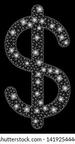 Bright mesh dollar with glow effect. Abstract illuminated model of dollar icon. Shiny wire frame polygonal mesh dollar. Vector abstraction on a black background.